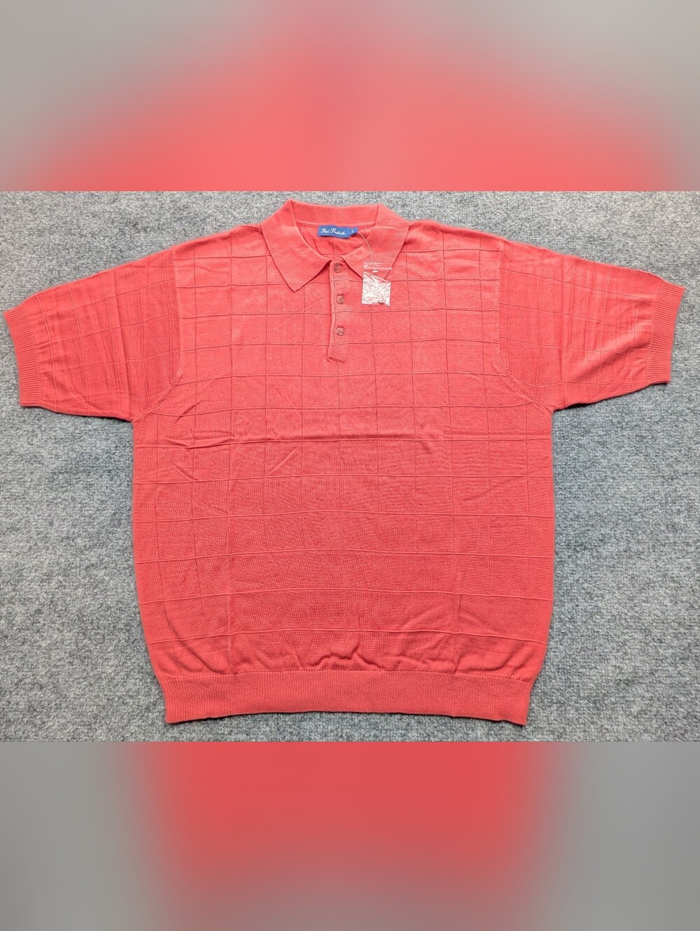 Paul Fredrick Silk Knit Short Sleeve Windowpane Sweater NOS Men's L Coral Vtg
